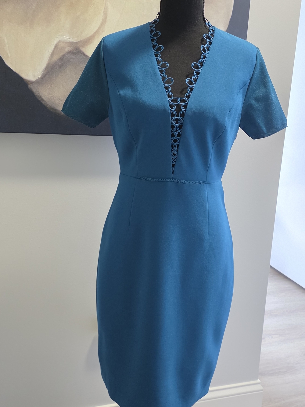 Elie Tahari Teal Midi Dress with Decorative Plunge